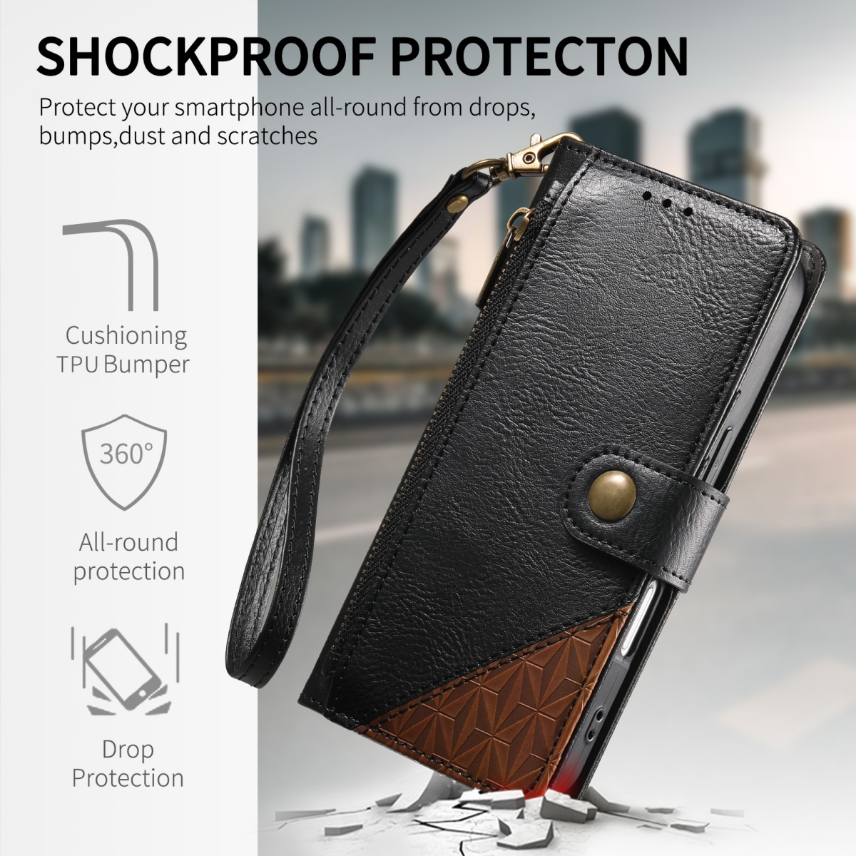 PU Leather Zipper Wrist Strap  - Leather Card Wallet reseña y precio