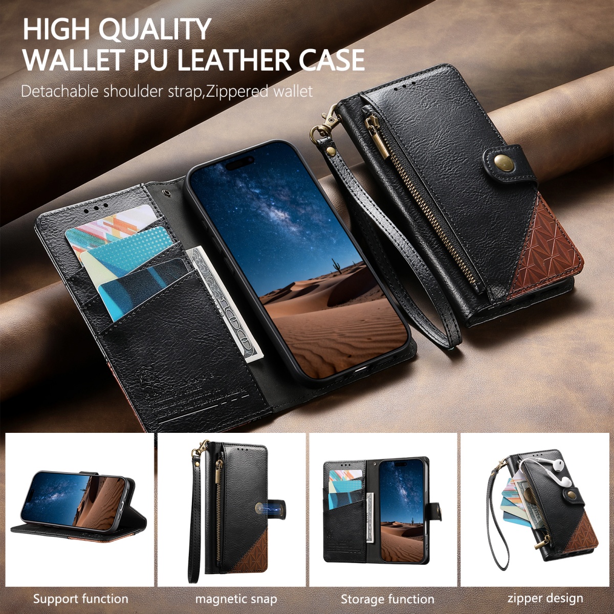 PU Leather Zipper Wrist Strap  - Leather Card Wallet reseña y precio