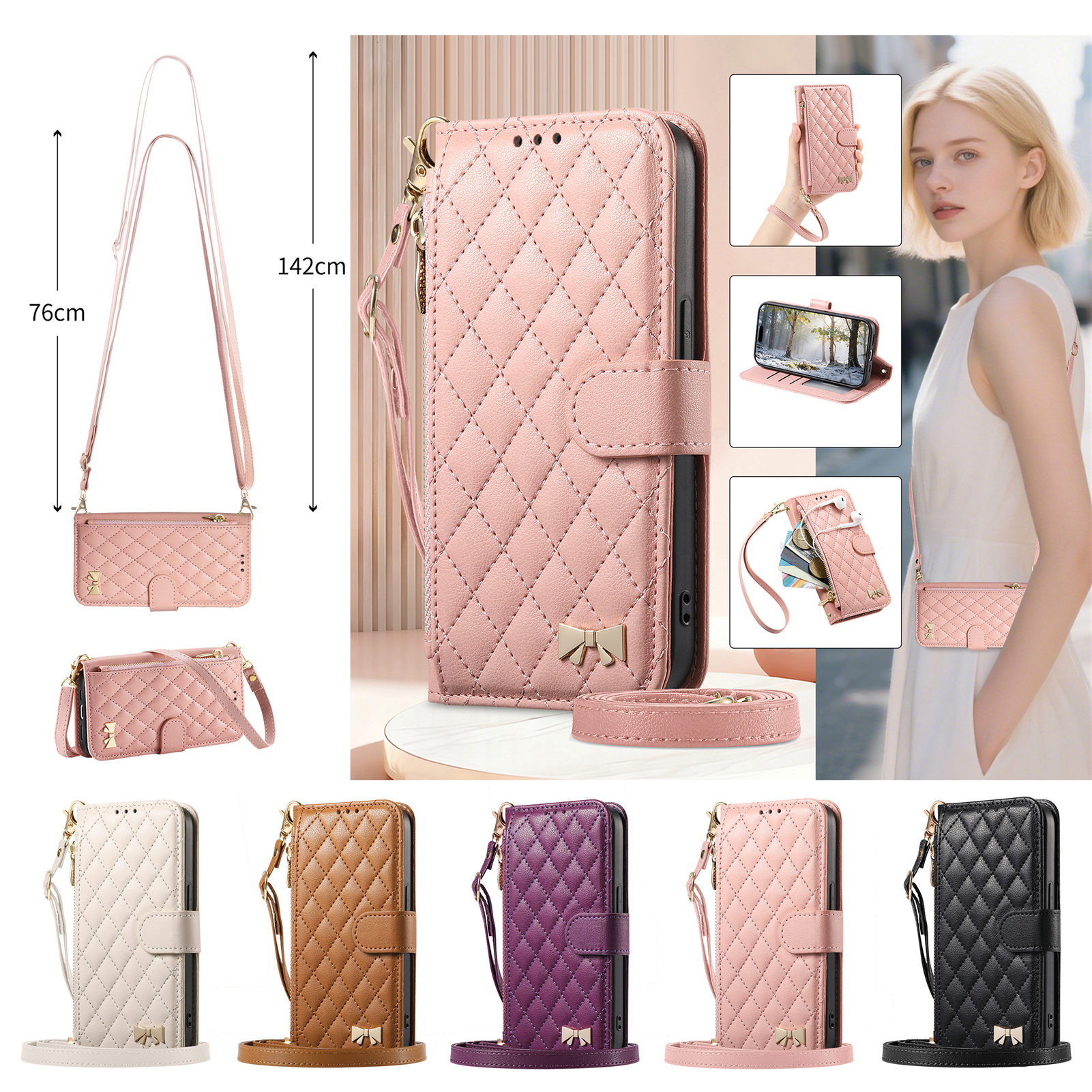 PU Leather Zipper Crossbody Fl - Leather Card Wallet reseña y precio
