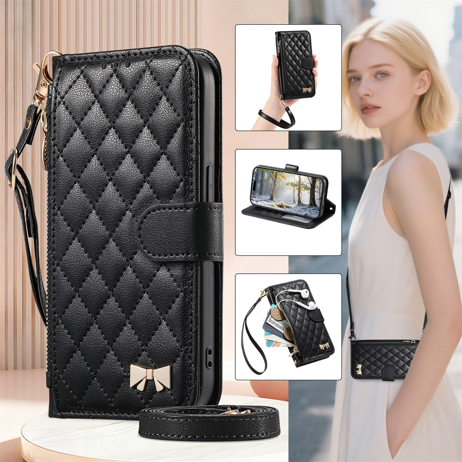 PU Leather Zipper Crossbody Fl - Leather Card Wallet reseña y precio