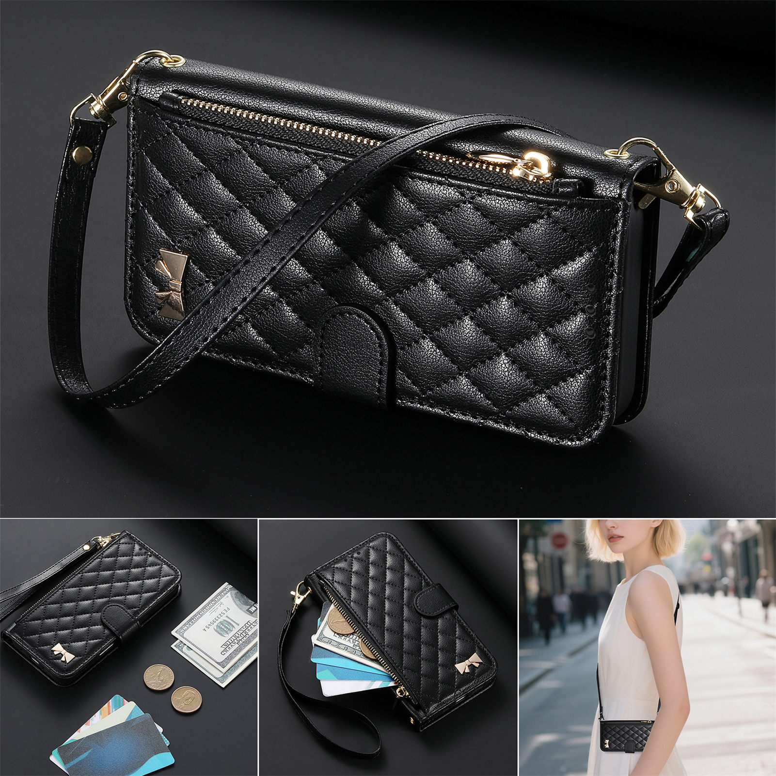 PU Leather Zipper Crossbody Fl - Leather Card Wallet reseña y precio